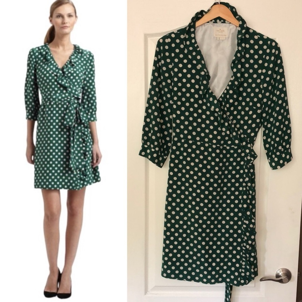 Kate Spade Daniella Silk Wrap Dress in Green and White Polkadot, Size 12.